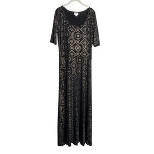 LuLaRoe Womens Maxi Dress Large Black Gold Metallic Geometric Print Scoop Neck
